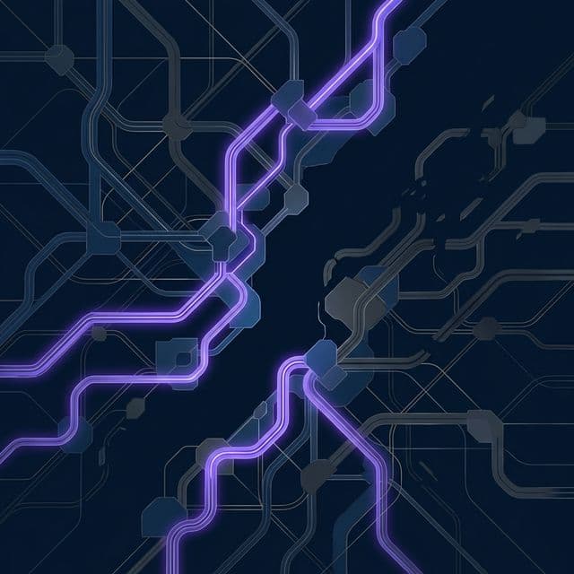 Complex interconnected systems with some pathways glowing and others broken