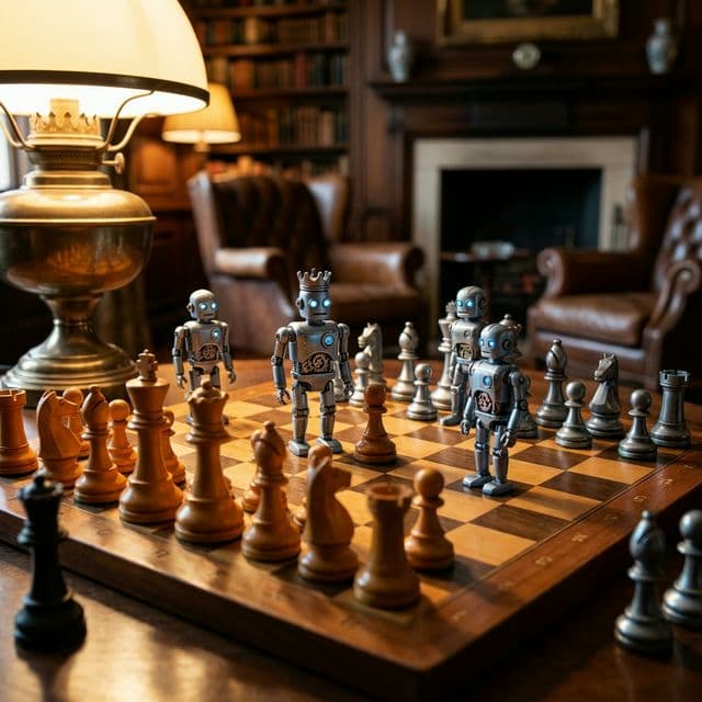 Chess board with a mix of traditional pieces and small robot figures, representing human and AI actors
