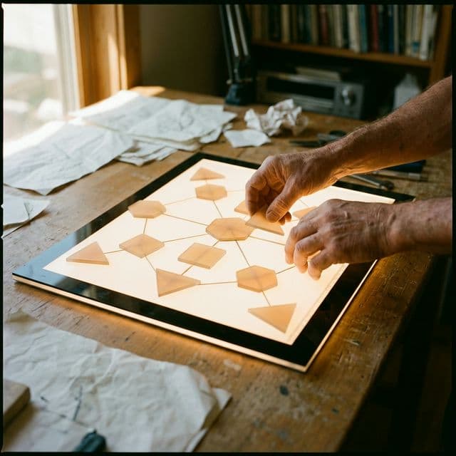 Hands arranging translucent geometric pieces on a light table, creating an interconnected system