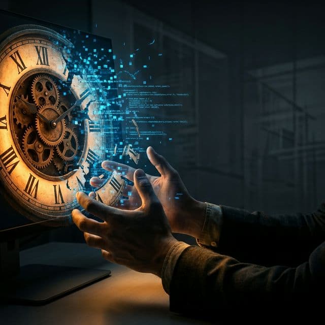 A clock face dissolving into digital particles with hands trying to hold the fragments