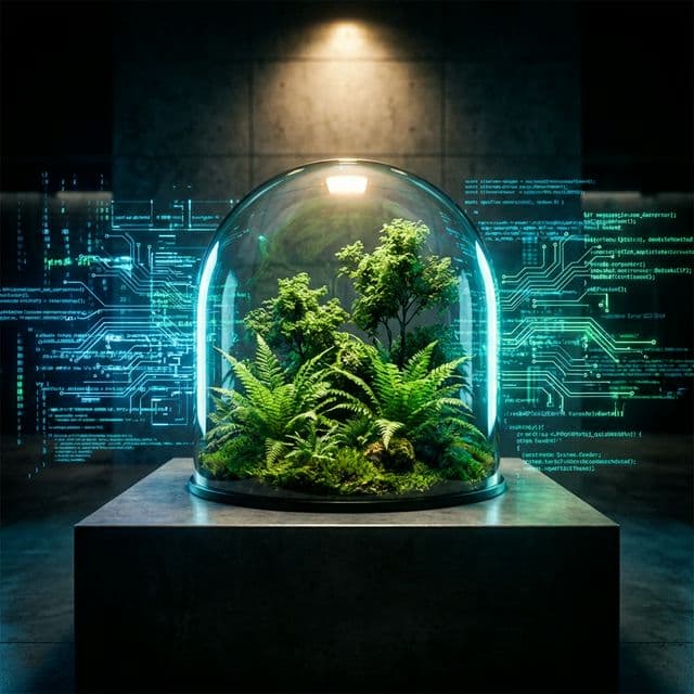 A glass dome protecting a garden of plants surrounded by digital data streams
